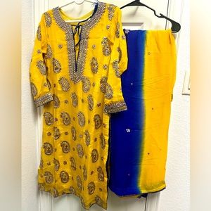 3 piece yellow and blue mehndi suit